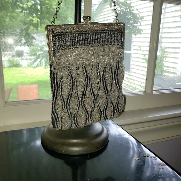 Early 1900s Antique Swag Beaded Evening Bag Crystal Clear & Black Glass Beads - Picture 6 of 13
